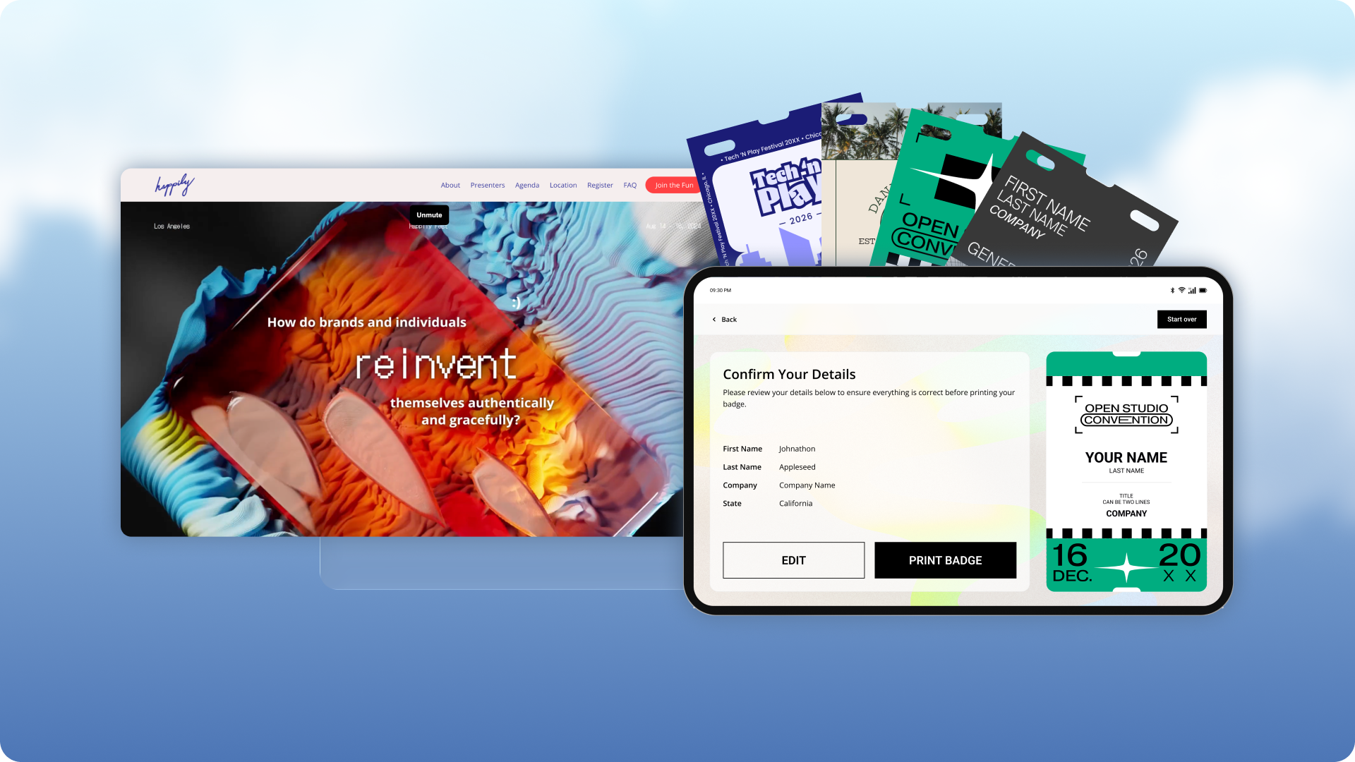 Happily Arrived event websites, badges, and on-site check-in